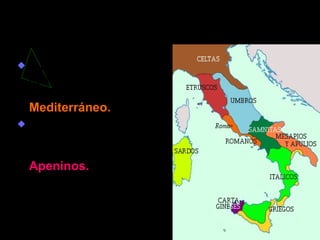 La Situación Geográfica de Roma “ Lacio” se ubica en el centro de la península Itálica,  en el centro del   Mediterráneo. Su territorio está recorrida por la cadena montañosa de   Apeninos. 