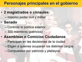Personajes principales en el gobierno

• 2 magistrados o cónsules:
  – máximo poder civil y militar
• Senado
  – Controla la política exterior.
  – 300 miembros (patricios)
• Asambleas o Comicios Ciudadanos
  – Participan en las decisiones de la ciudad.
  – Eligen a quienes ocuparan los distintos cargos.
  – Compuestas por patricios y plebeyos.
 