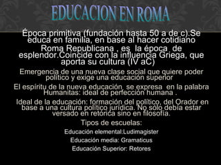 Época primitiva (fundación hasta 50 a de c).Se educa en familia, en base al hacer cotidiano Roma Republicana , es  la época  de esplendor.Coincide con la influencia Griega, que aporta su cultura (IV aC)  Emergencia de una nueva clase social que quiere poder político y exige una educación superior  El espíritu de la nueva educación  se expresa  en la palabra Humanitas: ideal de perfección humana .  Ideal de la educación: formación del político, del Orador en base a una cultura político jurídica. No sólo debía estar versado en retórica sino en filosofía. Tipos de escuelas: Educación elemental:Ludimagister Educación media: Gramaticus Educación Superior: Retores EDUCACION EN ROMA 