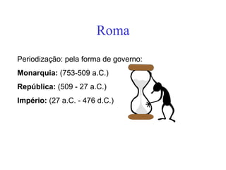 Roma Periodização: pela forma de governo: Monarquia:  (753-509 a.C.) República:  (509 - 27 a.C.) Império:  (27 a.C. - 476 d.C.) 