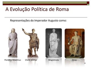 A Evolução Política de Roma
     Representações do Imperador Augusto como:




Pontifex Maximus   Chefe Militar   Magistrado    Deus
                                                        29
 