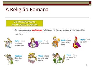 A Religião Romana
   CARACTERÍSTICAS
  DA RELIGIÃO ROMANA

  •   Os romanos eram politeístas (adotaram os deuses gregos e mudaram-lhes
      o nome).

                                                   Apolo – deus          Marte – deus
      Júpiter – deus         Juno – deusa
                                                   do sol e das          da guerra
      dos céus e             do casamento
      tempestades                                  artes




                                                         Diana – deusa
      Neptuno –              Vénus – deusa
                                                         da caça e da
      deus dos               do amor e da
                                                         Lua
      mares                  beleza

                                                                               43
 