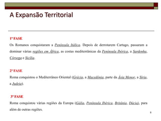A Expansão Territorial


1ª FASE
Os Romanos conquistaram a Península Itálica. Depois de derrotarem Cartago, passaram a
dominar várias regiões em África, as costas mediterrânicas da Península Ibérica, a Sardenha,
Córsega e Sicília.


2ª FASE
Roma conquistou o Mediterrâneo Oriental (Grécia, a Macedónia, parte da Ásia Menor, a Síria,
a Judeia).


3ª FASE
Roma conquistou várias regiões da Europa (Gália, Península Ibérica, Britânia, Dácia), para
além de outras regiões.
                                                                                               8
 