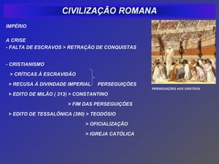 IMPÉRIO

A CRISE
- FALTA DE ESCRAVOS > RETRAÇÃO DE CONQUISTAS


- CRISTIANISMO

 > CRÍTICAS À ESCRAVIDÃO

> RECUSA Á DIVINDADE IMPERIAL    PERSEGUIÇÕES
                                                PERSEGUIÇÕES AOS CRISTÃOS
> EDITO DE MILÃO ( 313) > CONSTANTINO

                      > FIM DAS PERSEGUIÇÕES

> EDITO DE TESSALÔNICA (380) > TEODÓSIO

                            > OFICIALIZAÇÃO

                            > IGREJA CATÓLICA
 