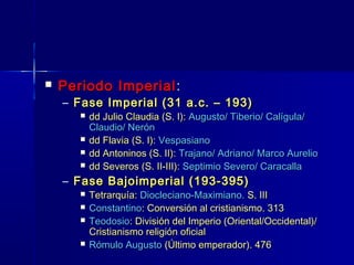    Periodo Imperial :
    – Fase Imperial (31 a.c. – 193)
          dd Julio Claudia (S. I): Augusto/ Tiberio/ Calígula/
           Claudio/ Nerón
          dd Flavia (S. I): Vespasiano
          dd Antoninos (S. II): Trajano/ Adriano/ Marco Aurelio
          dd Severos (S. II-III): Septimio Severo/ Caracalla
    – Fase Bajoimperial (193-395)
          Tetrarquía: Diocleciano-Maximiano. S. III
          Constantino: Conversión al cristianismo. 313
          Teodosio: División del Imperio (Oriental/Occidental)/
           Cristianismo religión oficial
          Rómulo Augusto (Último emperador). 476
 