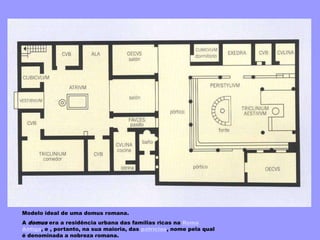 Modelo ideal de uma domus romana.
A domus era a residência urbana das famílias ricas na Roma
Antiga, e , portanto, na sua maioria, das patrícias, nome pela qual
é denominada a nobreza romana.
 