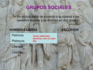GRUPOS SOCIALES
Se estructuraba de acuerdo a la riqueza y los
derechos legales y se dividían en dos grupos:
HOMBRES LIBRES ESCLAVOS
Patricios
Plebeyos
Clientes
Libertos
Tenían diferentes
derechos, eran la clase
alta
 