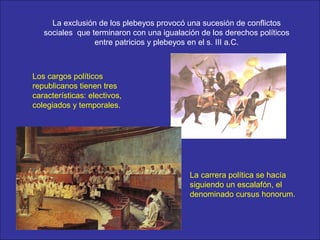 La exclusión de los plebeyos provocó una sucesión de conflictos
sociales que terminaron con una igualación de los derechos políticos
entre patricios y plebeyos en el s. III a.C.
Los cargos políticos
republicanos tienen tres
características: electivos,
colegiados y temporales.
La carrera política se hacía
siguiendo un escalafón, el
denominado cursus honorum.
 