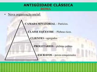 ANTIGÜIDADE CLÁSSICA
ROMA
• Nova organização social:
–CAMADA SENATORIAL – Patrícios.
–CLASSE EQÜESTRE – Plebeus ricos.

–CLIENTES - agregados
–PROLETÁRIOS – plebeus pobres

–ESCRAVOS – povos conquistados

iair@pop.com.br

Prof. Iair

 