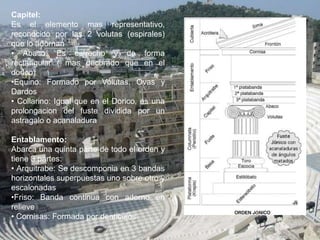 Capitel:
Es el elemento mas representativo,
reconocido por las 2 volutas (espirales)
que lo adornan
• Abaco: Es estrecho y de forma
rectangular ( mas decorado que en el
dorico)
•Equino: Formado por Volutas, Ovas y
Dardos
• Collarino: Igual que en el Dorico, es una
prolongacion del fuste dividida por un
astragalo o acanaladura
Entablamento:
Abarca una quinta parte de todo el orden y
tiene 3 partes:
• Arquitrabe: Se descomponia en 3 bandas
horizontales superpuestas uno sobre otro y
escalonadas
•Friso: Banda continua con adorno en
relieve
• Cornisas: Formada por denticulos
 