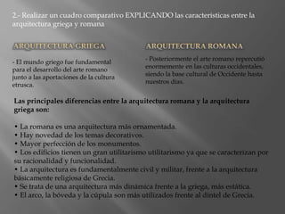 2.- Realizar un cuadro comparativo EXPLICANDO las características entre la
arquitectura griega y romana
- El mundo griego fue fundamental
para el desarrollo del arte romano
junto a las aportaciones de la cultura
etrusca.
- Posteriormente el arte romano repercutió
enormemente en las culturas occidentales,
siendo la base cultural de Occidente hasta
nuestros días.
Las principales diferencias entre la arquitectura romana y la arquitectura
griega son:
• La romana es una arquitectura más ornamentada.
• Hay novedad de los temas decorativos.
• Mayor perfección de los monumentos.
• Los edificios tienen un gran utilitarismo utilitarismo ya que se caracterizan por
su racionalidad y funcionalidad.
• La arquitectura es fundamentalmente civil y militar, frente a la arquitectura
básicamente religiosa de Grecia.
• Se trata de una arquitectura más dinámica frente a la griega, más estática.
• El arco, la bóveda y la cúpula son más utilizados frente al dintel de Grecia.
 