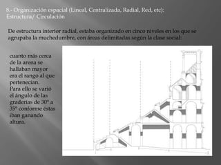 cuanto más cerca
de la arena se
hallaban mayor
era el rango al que
pertenecían.
Para ello se varió
el ángulo de las
graderías de 30° a
35° conforme éstas
iban ganando
altura.
8.- Organización espacial (Lineal, Centralizada, Radial, Red, etc):
Estructura/ Circulación
De estructura interior radial, estaba organizado en cinco niveles en los que se
agrupaba la muchedumbre, con áreas delimitadas según la clase social:
 