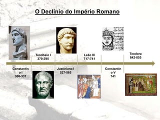 Constantin
o I
306-337
Teodora
842-855
Constantin
o V
741
Leão III
717-741
Justiniano I
527-565
Teodósio I
379-395
O Declínio do Império Romano
 