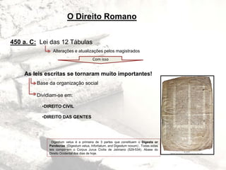 O Direito Romano
450 a. C: Lei das 12 Tábulas
Alterações e atualizações pelos magistrados
Com isso
As leis escritas se tornaram muito importantes!
Base da organização social
Dividiam-se em:
•DIREITO CIVIL
•DIREITO DAS GENTES
Digestum vetus é a primeira de 3 partes que constituem o Digesta or
Pandectae (Digestum vetus, Infortiatum, and Digestum novum) . Todas estas
leis compo~em o Corpus Jurus Civilis de Jstiniano (529-534). Abase do
Direito Ocidental dos dias de hoje.
 
