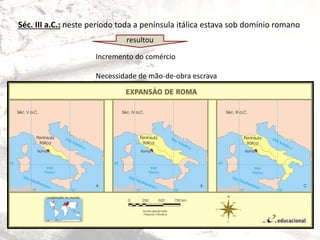 Séc. III a.C.: neste período toda a península itálica estava sob domínio romano
resultou
Incremento do comércio
Necessidade de mão-de-obra escrava
 