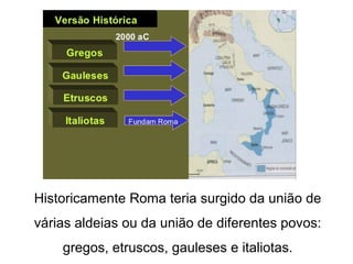 Historicamente Roma teria surgido da união de
várias aldeias ou da união de diferentes povos:
gregos, etruscos, gauleses e italiotas.
 