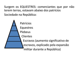 Surgem os EQUESTRES: comerciantes que por não 
terem terras, estavam abaixo dos patrícios 
Sociedade na República: 
Patrícios 
Equestres 
Plebeus 
Clientes 
Escravos (aumento significativo de 
escravos, explicado pela expansão 
militar durante a República) 
 