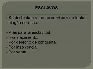ESCLAVOS 
Se dedicaban a tareas serviles y no tenían 
ningún derecho. 
Vías para la esclavitud: 
 Por nacimiento. 
 Por derecho de conquista. 
 Por insolvencia. 
 Por venta. 
 