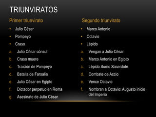 • Marco Antonio
• Octavio
• Lépido
a. Vengan a Julio César
b. Marco Antonio en Egipto
c. Lépido Sumo Sacerdote
d. Combate de Accio
e. Vence Octavio
f. Nombran a Octavio: Augusto inicio
del Imperio
• Julio César
• Pompeyo
• Craso
a. Julio César cónsul
b. Craso muere
c. Traición de Pompeyo
d. Batalla de Farsalia
e. Julio César en Egipto
f. Dictador perpetuo en Roma
g. Asesinato de Julio César
TRIUNVIRATOS
Primer triunvirato Segundo triunvirato
 