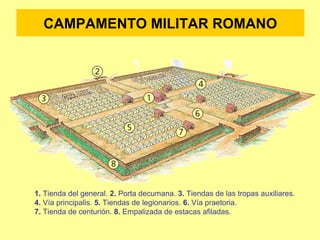 1. Tienda del general. 2. Porta decumana. 3. Tiendas de las tropas auxiliares.
4. Vía principalis. 5. Tiendas de legionarios. 6. Vía praetoria.
7. Tienda de centurión. 8. Empalizada de estacas afiladas.
CAMPAMENTO MILITAR ROMANO
 