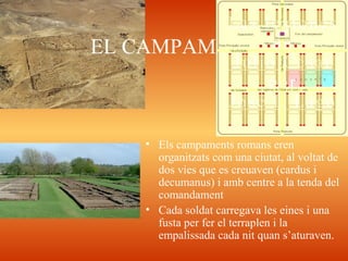 • Els campaments romans eren
organitzats com una ciutat, al voltat de
dos vies que es creuaven (cardus i
decumanus) i amb centre a la tenda del
comandament
• Cada soldat carregava les eines i una
fusta per fer el terraplen i la
empalissada cada nit quan s’aturaven.
EL CAMPAMENT
 
