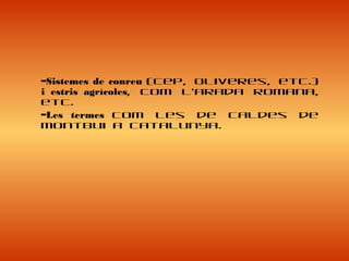 –Sistemes de conreu (cep, oliveres, etc.)
i estris agrícoles, com l’arada romana,
etc.
–Les termes com les de Caldes de
Montbui a Catalunya.
 