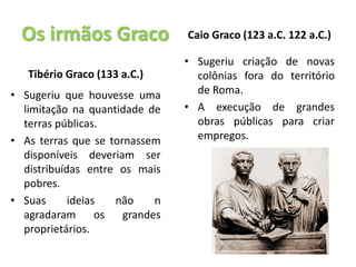 Os irmãos Graco
Tibério Graco (133 a.C.)
• Sugeriu que houvesse uma
limitação na quantidade de
terras públicas.
• As terras que se tornassem
disponíveis deveriam ser
distribuídas entre os mais
pobres.
• Suas ideias não n
agradaram os grandes
proprietários.
Caio Graco (123 a.C. 122 a.C.)
• Sugeriu criação de novas
colônias fora do território
de Roma.
• A execução de grandes
obras públicas para criar
empregos.
 