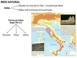 MEDI NATURAL
ROMA
Situada a la vora del riu Tíber , a la península itàlica
Relleu molt muntanyós de la península
Península itàlica
Segle VIII a.C.
LlatinsEtruscos Grecs
 