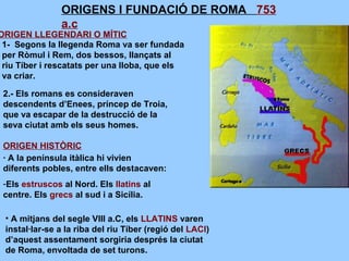 ORIGEN LLEGENDARI O MÍTIC
ORIGENS I FUNDACIÓ DE ROMA 753
a.c
1- Segons la llegenda Roma va ser fundada
per Ròmul i Rem, dos bessos, llançats al
riu Tíber i rescatats per una lloba, que els
va criar.
2.- Els romans es consideraven
descendents d’Enees, príncep de Troia,
que va escapar de la destrucció de la
seva ciutat amb els seus homes.
ORIGEN HISTÒRIC
· A la península itàlica hi vivien
diferents pobles, entre ells destacaven:
-Els estruscos al Nord. Els llatins al
centre. Els grecs al sud i a Sicília.
• A mitjans del segle VIII a.C, els LLATINS varen
instal·lar-se a la riba del riu Tíber (regió del LACI)
d’aquest assentament sorgiria després la ciutat
de Roma, envoltada de set turons.
 