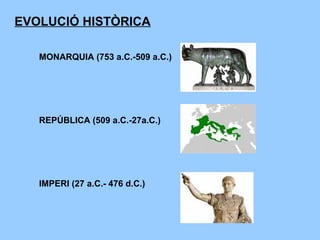EVOLUCIÓ HISTÒRICA
MONARQUIA (753 a.C.-509 a.C.)
REPÚBLICA (509 a.C.-27a.C.)
IMPERI (27 a.C.- 476 d.C.)
 