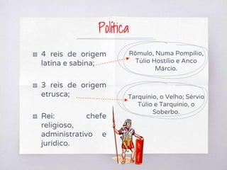 ▧ 4 reis de origem
latina e sabina;
▧ 3 reis de origem
etrusca;
▧ Rei: chefe
religioso,
administrativo e
jurídico.
Rômulo, Numa Pompílio,
Túlio Hostílio e Anco
Márcio.
Tarquínio, o Velho; Sérvio
Túlio e Tarquínio, o
Soberbo.
Política
 