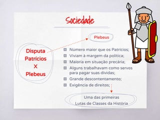 Disputa
Patrícios
X
Plebeus
Plebeus
▧ Número maior que os Patrícios;
▧ Viviam à margem da política;
▧ Maioria em situação precária;
▧ Alguns trabalhavam como servos
para pagar suas dívidas;
▧ Grande descontentamento;
▧ Exigência de direitos;
Uma das primeiras
Lutas de Classes da História
Sociedade
 