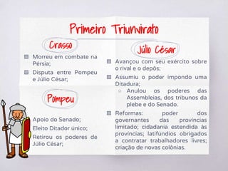 Crasso
▧ Morreu em combate na
Pérsia;
▧ Disputa entre Pompeu
e Júlio César;
Pompeu
▧ Apoio do Senado;
▧ Eleito Ditador único;
▧ Retirou os poderes de
Júlio César;
Júlio César
▧ Avançou com seu exército sobre
o rival e o depôs;
▧ Assumiu o poder impondo uma
Ditadura;
○ Anulou os poderes das
Assembleias, dos tribunos da
plebe e do Senado.
▧ Reformas: poder dos
governantes das províncias
limitado; cidadania estendida às
províncias; latifúndios obrigados
a contratar trabalhadores livres;
criação de novas colônias.
Primeiro Triunvirato
 
