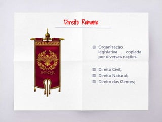▧ Organização
legislativa copiada
por diversas nações.
▧ Direito Civil;
▧ Direito Natural;
▧ Direito das Gentes;
Direito Romano
 