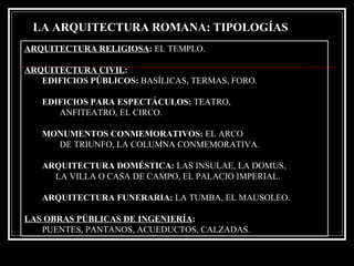 LA ARQUITECTURA ROMANA: TIPOLOGÍAS ARQUITECTURA RELIGIOSA :  EL TEMPLO. ARQUITECTURA CIVIL :  EDIFICIOS PÚBLICOS:  BASÍLICAS, TERMAS, FORO. EDIFICIOS PARA ESPECTÁCULOS:  TEATRO, ANFITEATRO, EL CIRCO. MONUMENTOS CONMEMORATIVOS:  EL ARCO DE TRIUNFO, LA COLUMNA CONMEMORATIVA. ARQUITECTURA DOMÉSTICA:  LAS INSULAE, LA DOMUS,  LA VILLA O CASA DE CAMPO, EL PALACIO IMPERIAL. ARQUITECTURA FUNERARIA:  LA TUMBA, EL MAUSOLEO. LAS OBRAS PÚBLICAS DE INGENIERÍA : PUENTES, PANTANOS, ACUEDUCTOS, CALZADAS. 