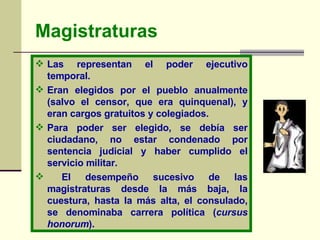 Magistraturas Las representan el poder ejecutivo temporal. Eran elegidos por el pueblo anualmente (salvo el censor, que era quinquenal), y eran cargos gratuitos y colegiados.  Para poder ser elegido, se debía ser ciudadano, no estar condenado por sentencia judicial y haber cumplido el servicio militar. El desempeño sucesivo de las magistraturas desde la más baja, la cuestura, hasta la más alta, el consulado, se denominaba carrera política ( cursus honorum ). 
