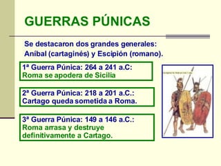 GUERRAS PÚNICAS Se destacaron dos grandes generales: Aníbal (cartaginés) y Escipión (romano). 1ª Guerra Púnica: 264 a 241 a.C:  Roma se apodera de Sicilia 2ª Guerra Púnica: 218 a 201 a.C.: Cartago queda sometida a Roma. 3ª Guerra Púnica: 149 a 146 a.C.:  Roma arrasa y destruye definitivamente a Cartago. 