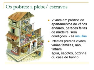 Os pobres: a plebe/ escravos

                      Viviam em prédios de
                       apartamentos de vários
                       andares, paredes feitas
                       de madeira, sem
                       condições - as insullae
                       Nestes prédios viviam
                       várias famílias, não
                       tinham
                       água, esgotos, cozinha
                       ou casa de banho
 