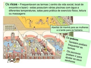 Os ricos - Frequentavam as termas ( centro da vida social, local de
  encontro e lazer) - estas possuíam várias piscinas com água a
  diferentes temperaturas, salas para prática de exercício físico, leitura
  ou massagens




                                         Abertas de manhã para as mulheres
                                             e à tarde para os homens
 