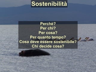 Perchè?
Per chi?
Per cosa?
Per quanto tempo?
Cosa deve essere sostenibile?
Chi decide cosa?
Sostenibilità
 