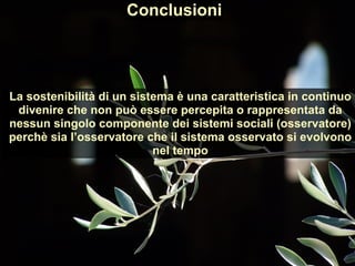 Conclusioni
La sostenibilità di un sistema è una caratteristica in continuo
divenire che non può essere percepita o rappresentata da
nessun singolo componente dei sistemi sociali (osservatore)
perchè sia l’osservatore che il sistema osservato si evolvono
nel tempo
 