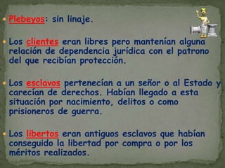 LA SOCIEDADEXTRANJEROS Y ESCLAVOS:       -No ciudadanos       -Sin derechos       -Sin libertadMUJERES:Dependían de un hombreNo tenían los mismos derechos No podían participar en la políticaPATRICIOS Y PLEBEYOS: Ciudadanos libres con derechosLA SOCIEDAD
