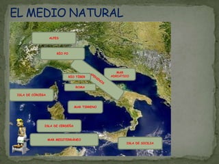 EL MEDIO NATURALALPES RÍO POMAR ADRIÁTICOAPENINOS RÍO TÍBER ROMA ISLA DE CÓRCEGAMAR TIRRENO ISLA DE CERDEÑAMAR MEDITERRÁNEOISLA DE SICILIA