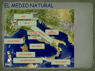 ALPES




                      RÍO PO




                                                   MAR
                               RÍO TÍBER        ADRIÁTICO


                                  ROMA

ISLA DE CÓRCEGA


                                  MAR TIRRENO




              ISLA DE CERDEÑA



                  MAR MEDITERRÁNEO
                                                       ISLA DE SICILIA
 