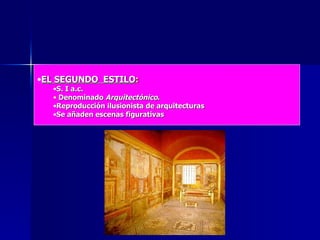 EL SEGUNDO  ESTILO : S. I a.c. Denominado  Arquitectónico .  Reproducción ilusionista de arquitecturas  Se añaden escenas figurativas 