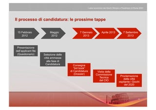 I valori economici dei Giochi Olimpici e Paralimpici di Roma 2020




Il processo di candidatura: le prossime tappe

 15 Febbraio               Maggio              7 Gennaio             Aprile 2013              7 Settembre
    2012                    2012                 2013                                            2013



 Presentazione
dell’applicant file
 (Questionario)       Selezione delle
                      città ammesse
                        alla fase di
                       Candidatura         Consegna
                                           “bid book”
                                        di Candidatura         Visita della
                                            (Dossier)         Commissione
                                                                                          Proclamazione
                                                                Tecnica
                                                                                             della città
                                                                del CIO
                                                                                         ospitante i Giochi
                                                                                             del 2020
 