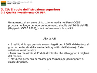 3. CU: Il ruolo dell’istruzione superiore 3.2 Qualità investimento CU USA L’Università possibile: esperienze in atto Roma, 8 aprile 2011 Un aumento di un anno di istruzione media nei Paesi OCSE provoca nel luogo periodo un incremento stabile del 3-6% del PIL (Rapporto OCSE   2005), ma è determinante la qualità . USA vs UE  I redditi di lungo periodo sono spiegati per il 50% dal risultato al gmat (che decide della scelta della qualità dell’ateneo): forte selezione meritocratica. Presenza massiccia di Phd di alto livello che attraggono i migliori del mondo. Massiccia presenza di master per formazione permanente di classe dirigente. 