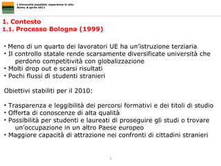 Contesto 1.1.  Processo Bologna (1999) L’Università possibile: esperienze in atto Roma, 8 aprile 2011 Meno di un quarto dei lavoratori UE ha un’istruzione terziaria Il controllo statale rende scarsamente diversificate università che perdono competitività con globalizzazione Molti drop out e scarsi risultati Pochi flussi di studenti stranieri Obiettivi stabiliti per il 2010: Trasparenza e leggibilità dei percorsi formativi e dei titoli di studio Offerta di conoscenze di alta qualità Possibilità per studenti e laureati di proseguire gli studi o trovare  un’occupazione in un altro Paese europeo Maggiore capacità di attrazione nei confronti di cittadini stranieri 