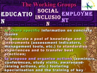 The Working Groups to share specific  information on concrete issues to generate a   pool of knowledge and instruments  (assessment indicators, management tools, etc.)  to standardise experiences and to transfer best practices ;  to propose and organise actions  (seminars, conferences, study visits, awareness-raising actions, etc.) fostering specialisation and the training of key agents; to provide  non-Network member organisations  an opportunity to participate  in information sharing and other actions. Education Social Inclusion Employment 