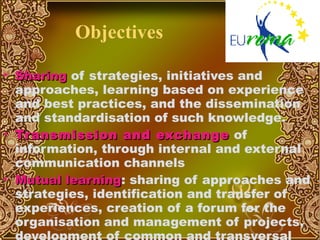 Objectives S haring  of strategies, initiatives and approaches, learning based on experience and best practices, and the dissemination and standardisation of such knowledge.  Transmission and exchange  of information, through internal and external communication channels Mutual learning : sharing of approaches and strategies, identification and transfer of experiences, creation of a forum for the organisation and management of projects, development of common and transversal products. 